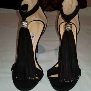 Jimmy Choo Viola Black Suede Sandals with Tassels